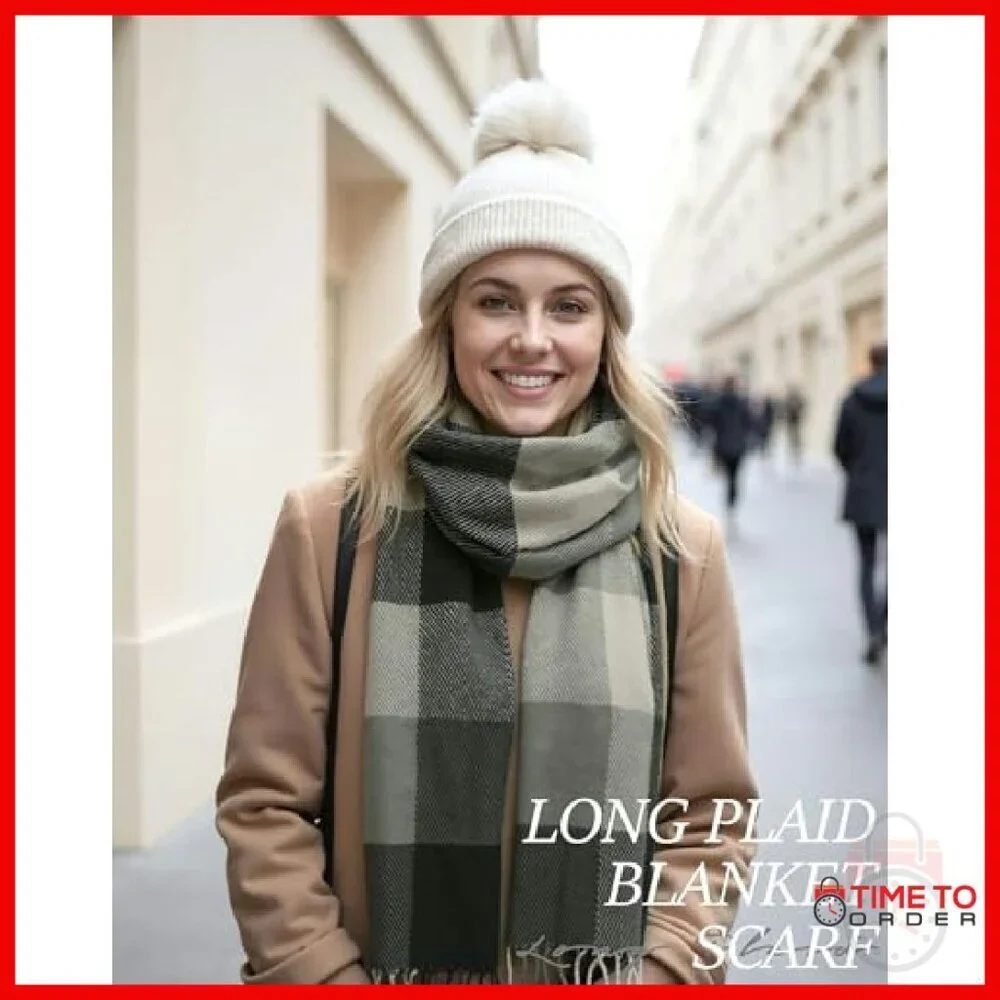 Oversized Plaid Winter Scarf Shawl Wrap Soft Warm Cashmere-Like Acrylic